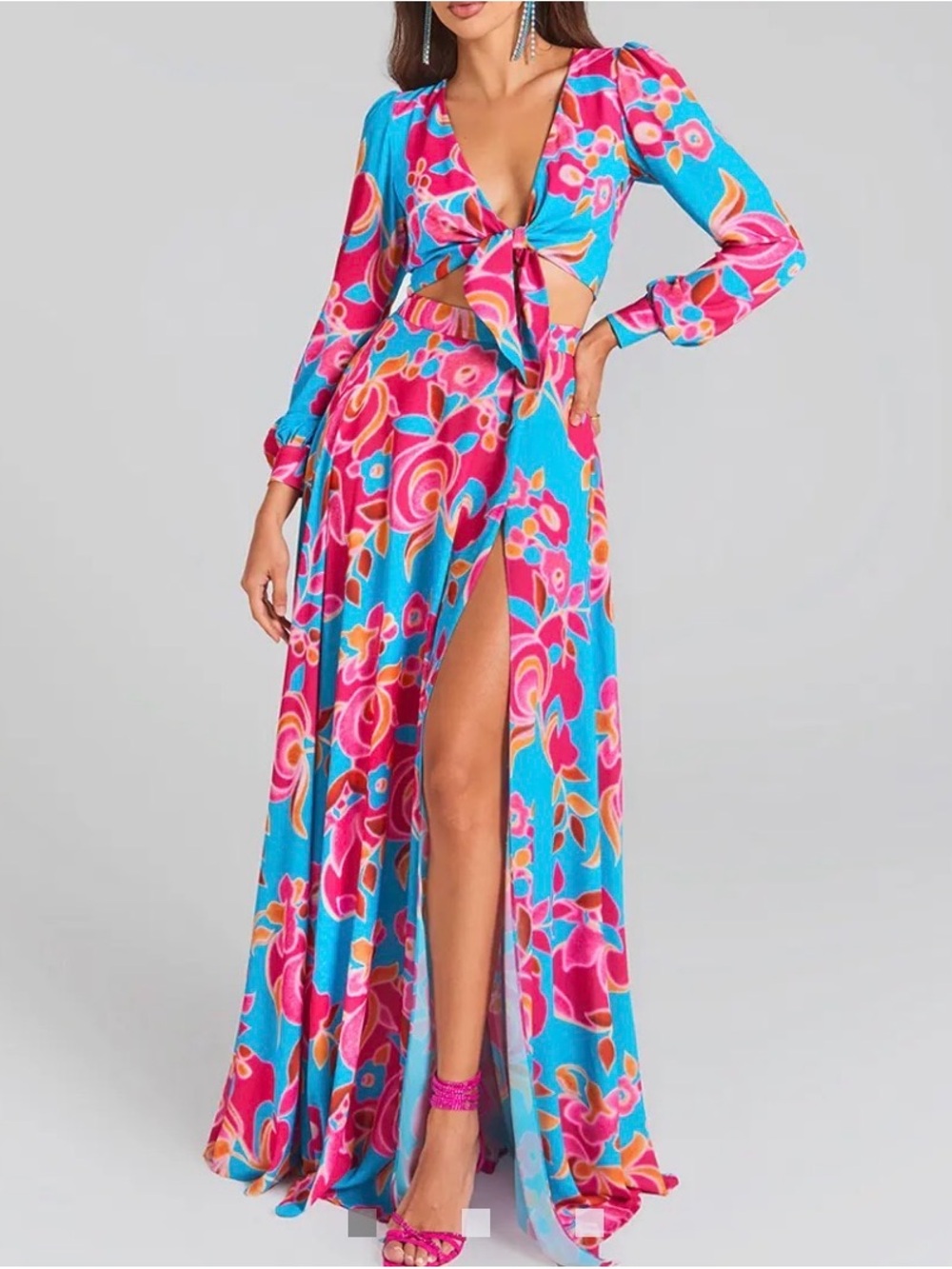 NADINE MERABI Blue and Pink Floral Tie-Front Maxi Dress